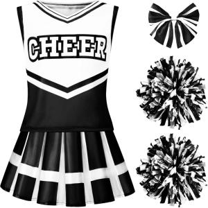 imageSpooktacular Creations Girl Cheerleader Costume Halloween Cute Cheer Uniform Outfit with Accessories for Dress Up PartiesBlack White