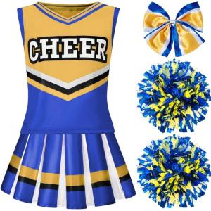 imageSpooktacular Creations Girl Cheerleader Costume Halloween Cute Cheer Uniform Outfit with Accessories for Dress Up PartiesYellow Blue