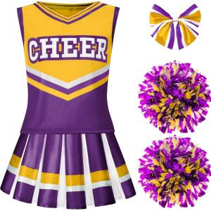 imageSpooktacular Creations Girl Cheerleader Costume Halloween Cute Cheer Uniform Outfit with Accessories for Dress Up PartiesYellow Purple