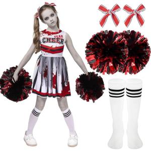 imageSpooktacular Creations Halloween Cheerleader Costume for Girls Kids Zombie Cheerleader Outfit Dead Fearleader DressRed White