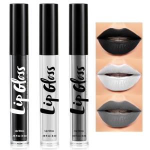 imageSpooktacular Creations Halloween Makeup Lip Stain 3 PCS Matte Liquid Lipstick Set Waterproof Lip Gloss Set Face Paint for SFX Cosplay Sports Festival or Stage Makeup Black White Gray