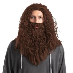 imageSpooktacular Creations Halloween Mens Grey Wizard Curly Wig with Beard Long Gray Funny Father Time Costume Accessory for Adults Cosplay Party Christmas AccessoriesBrown