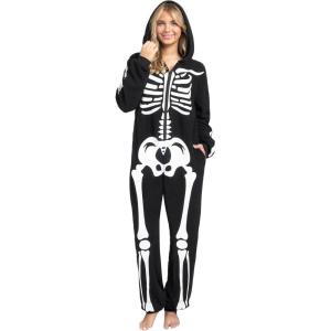 imageSpooktacular Creations Halloween Skeleton Pajama Adult Skeleton Costume Hooded Jumpsuit Cosplay Costume Sleepwear HomewearBlack