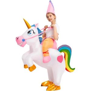 imageSpooktacular Creations Halloween Unicorn Costume Kids Inflatable Riding a Unicorn Colorful Air Blowup Deluxe Set with Hat Rideon Halloween Parties Costumes White 46 YrsWhite
