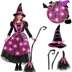imageSpooktacular Creations Halloween Witch Costume Kids Light Up Witch Dress with Hat and Broom for Girls Toddlers Bat Outfit Set for Halloween Costumes Role Play Parties Purple 3T34 yrsPink