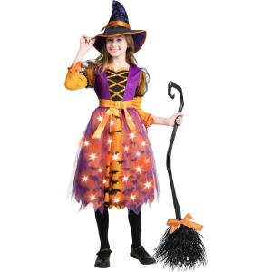 imageSpooktacular Creations Light Up Polka Dots Witch Tutu Costume for Girls Toddlers Starry Witch Dress with Magic Hat and BroomPurple Orange