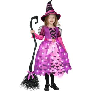 imageSpooktacular Creations Light Up Polka Dots Witch Tutu Costume for Girls Toddlers Starry Witch Dress with Magic Hat and BroomPurple Pink