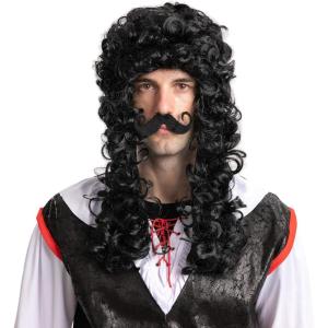 imageSpooktacular Creations Mens Black Pirate Wig with 1 Mustache Halloween Wig for Adults Cosplay Party Accessories