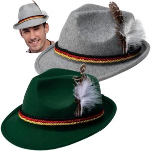 imageSpooktacular Creations Oktoberfest Hats 2 PCS German Oktoberfest Costume Accessories Set Green Gray Felt Fedora Retro Hats for Adults Bavarian Alpine Halloween Dress Up RolePlay PartyGreengray