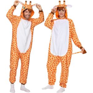 imageSpooktacular Creations Unisex Adult Giraffe Pajama Plush Jumpsuit Pajamas with Hat and Tail for Halloween Costume PartyYellow