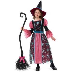 imageSpooktacular Creations Witch Costume for Girls Halloween Dress with Broom Kids Moon Shimmer Witch Set for Wizard Role PlayPink