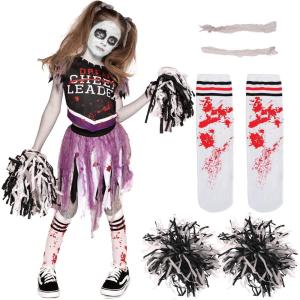 imageSpooktacular Creations Zombie Halloween Cheerleader Costume Girls Scary Cheerless Costume Kids Dead Cheerleading Outfit for Halloween Role Play Themed Parties Red White MPurple Black