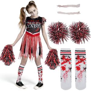 imageSpooktacular Creations Zombie Halloween Cheerleader Costume Girls Scary Cheerless Costume Kids Dead Cheerleading Outfit for Halloween Role Play Themed Parties Red White MRed Black