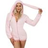 imageGiggling Getup Cuddly Bunny Pajama Costume Adult Cozy Pink Bunny Costume Outfit Sherpa Hooded Romper Short Jumpsuit