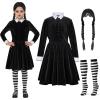 imageSpooktacular Creations Girls Collar Black Dress School Girl Costume with Wig Skater Dress for Toddler Halloween Cosplay