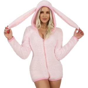imageGiggling Getup Cuddly Bunny Pajama Costume Adult Cozy Pink Bunny Costume Outfit Sherpa Hooded Romper Short Jumpsuit