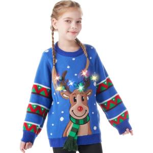 imageJOYIN Kids Christmas Ugly Sweater LED Light Up Reindeer Xmas Sweater Builtin Light Bulbs for Boys Girls Blue Large