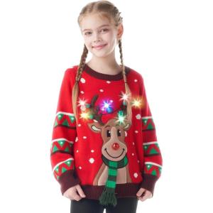 imageJOYIN Kids Christmas Ugly Sweater LED Light Up Reindeer Xmas Sweater Builtin Light Bulbs for Boys Girls Red MediumMedium
