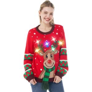 imageJOYIN Womens LED Light Up Christmas Sweater Reindeer Christmas Ugly Sweater with Light BulbsRed