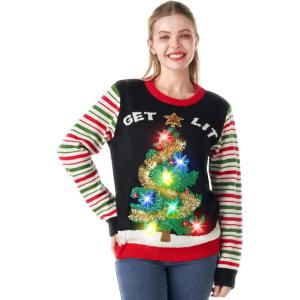 imageJOYIN Womens LED Light Up Get Lit Christmas Tree Ugly Christmas Sweater Builtin Light Bulbs XLarge Black