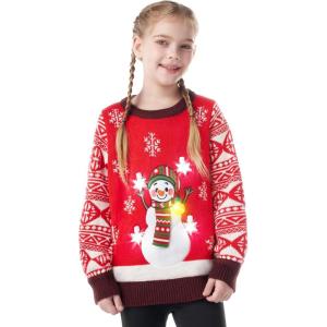 imageKids Girls Snowman Red Ugly Sweater with Light Bulb