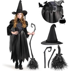 imageSpooktacular Creations Girls Black Witch Costume Kids Halloween Outfit with Broom Toddler Witch Dress for Halloween Parties