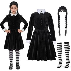 imageSpooktacular Creations Girls Collar Black Dress School Girl Costume with Wig Skater Dress for Toddler Halloween Cosplay